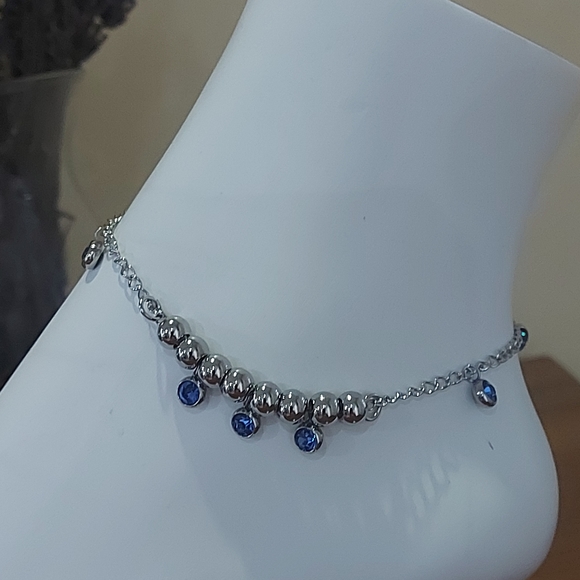 Blue CZ Anklet Rhodium Plated,316L S.Steel - Picture 8 of 9
